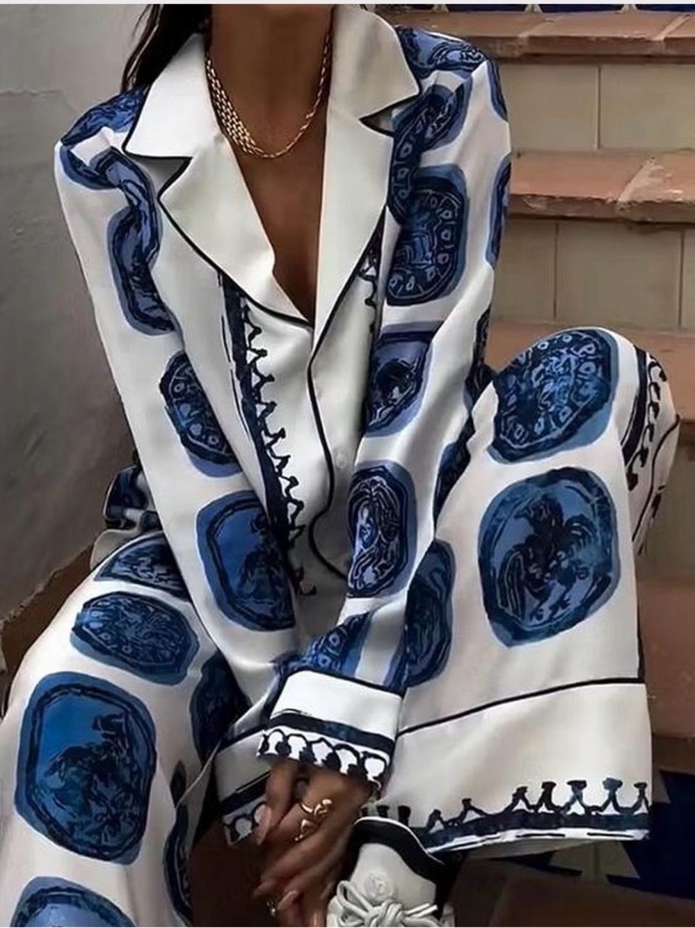 Zara White Button-Down Shirt and pants with Blue Medallion Print